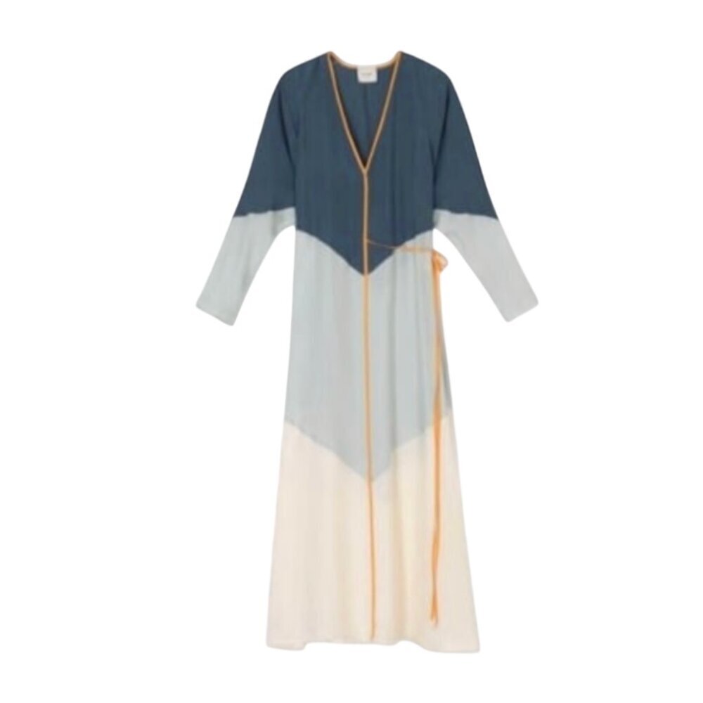 Alysi Tricolor Maxi Dress Womens 2 Blue Cream Orange V-Neck Silk Long Sleeve
